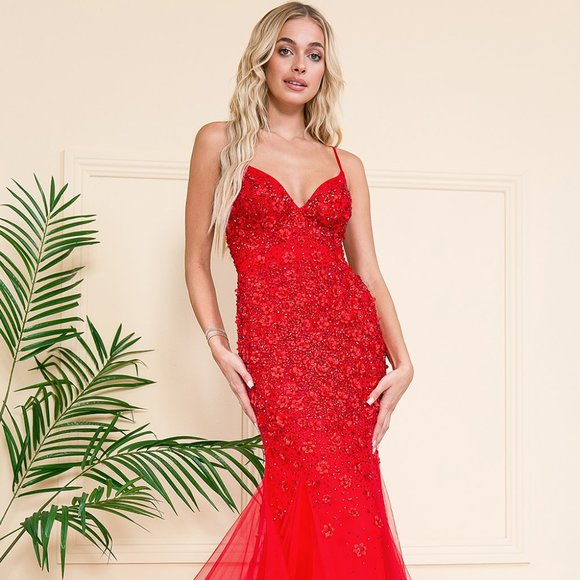 NEW LONG RED MERMAID OFF SHOULDER SLEEVELESS DRESS WITH STRAPS PROM GOWN ACSU066